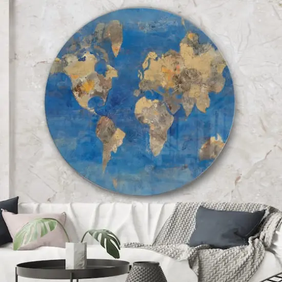 Designart - Golden Blue World Map - Traditional Metal Circle Wall Art {4}