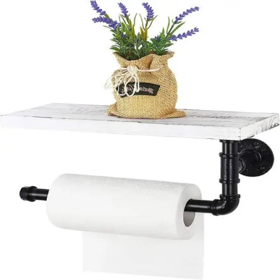 Wall-Mount Whitewashed Wood & Iron Toilet Paper Holder {1}