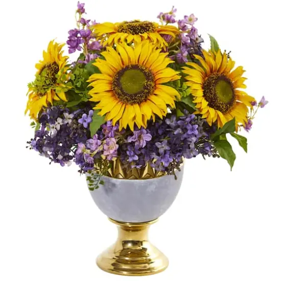 16" Sunflower & Lilac Arrangement in Stoneware Urn with Gold Trimming {1}