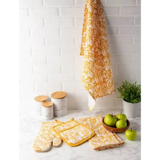 DII&reg; Damask Oven Mitt & Potholder Set Mustard {4}