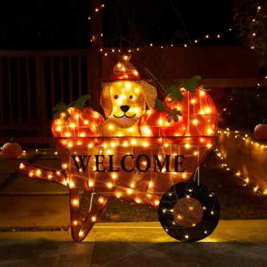 Glitzhome&reg; 36.25" Lighted Fall Pumpkin Wheel Barrow Outdoor Decor with Warm White LED Lights {5}