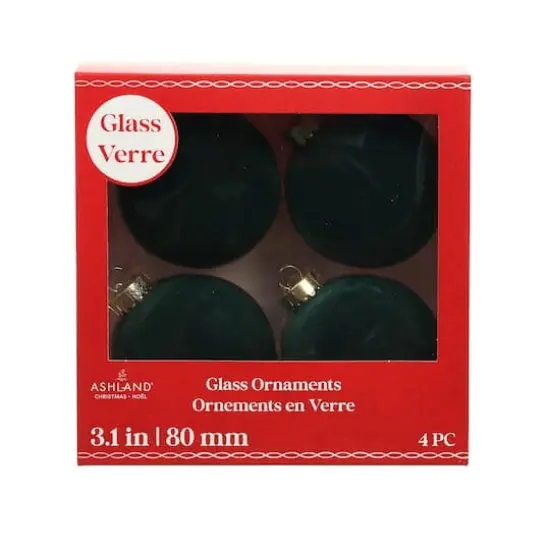 4 Pack 3.25" Dark Green Flocked Glass Ball Ornament by Ashland&reg; {3}