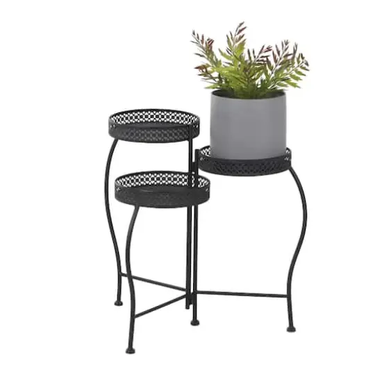 20" Metal Curved Folding 3-Tier Plant Stand with Floral & Scroll Patterns Black {1}