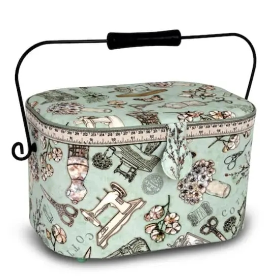 Dritz&reg; Green Sewing Print Small Oval Sewing Basket With Metal Handle {1}
