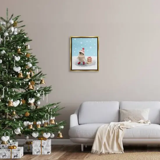 Stupell Industries Penguin Christmas Present Sled Framed Floater Canvas Wall Art Gold {3}