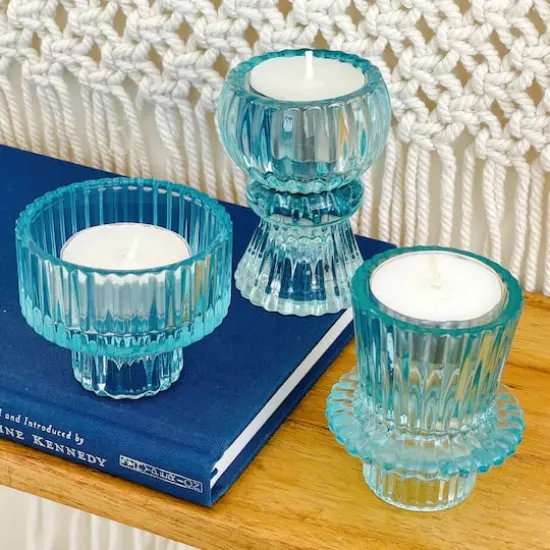 Kate Aspen&reg; Assorted Vintage Ribbed Blue Glass Candlestick Candle Holder Set {9}