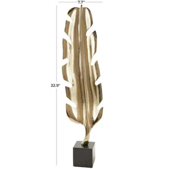 33" Gold Aluminum Bird Feather Sculpture with Black Marble Base {4}