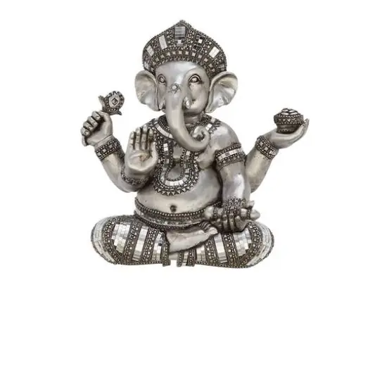 12" Silver Polystone Ganesh Meditating Sculpture {1}