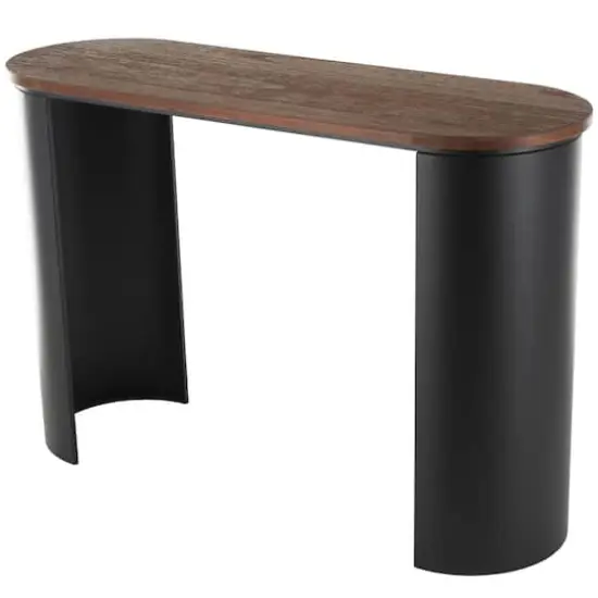 47.25" Black Wood Curved Crescent Living Room Console Table with Brown Wood Oval Tabletop {1}