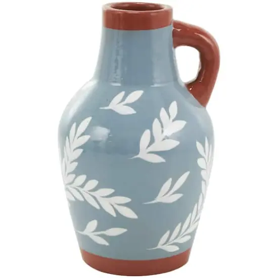 9" Blue Ceramic Floral Vase with Terracotta & White Detailing Set {3}