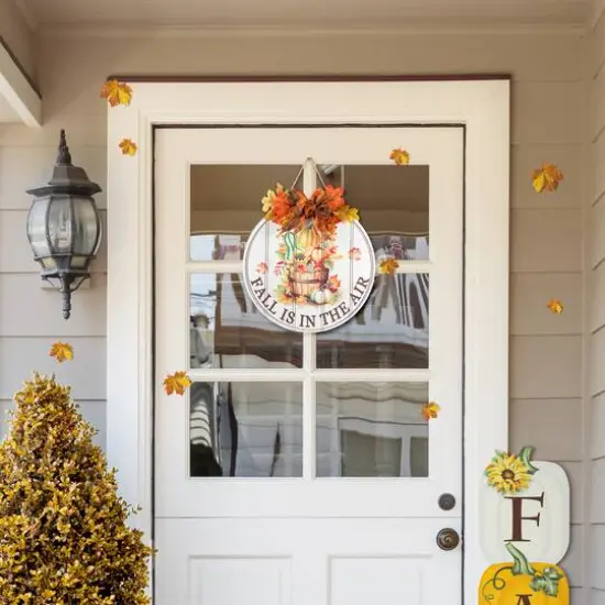 Glitzhome&reg; 15" Fall Wood Round Word Sign Door Hanger {7}