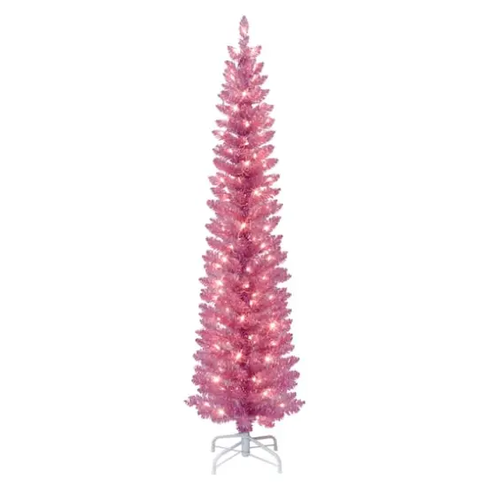 7ft. Pre-Lit Pink Tinsel Artificial Christmas Tree, Clear Lights {1}