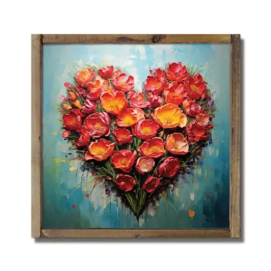 9.5" Floral Heart Painting Framed Wood Plaque {1}