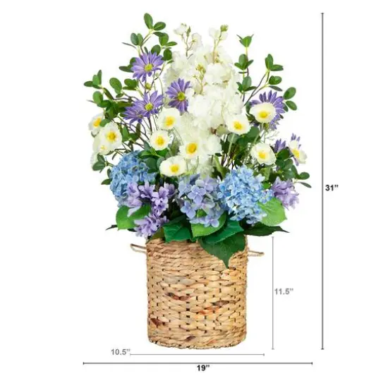 2.5ft. Artificial Mixed Flower & Hydrangea Arrangement in Hyacinth Weave Basket {7}