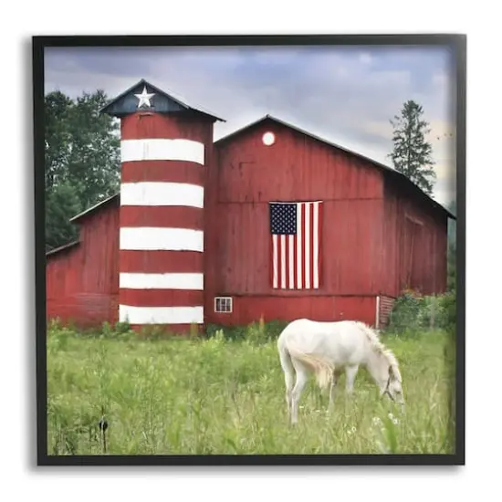Stupell Industries Grazing White Horse Red Americana Barn Flag Framed Giclee Art Black {1}