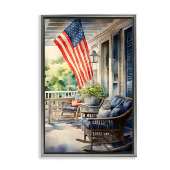 Stupell Industries Porch with American Flag Floater Framed Art Gray {1}