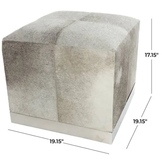 17" Gray Leather Patchwork Pouf with Silver Metal Base {10}