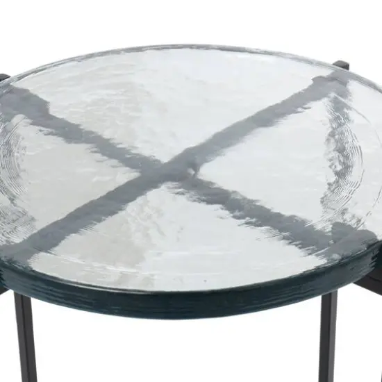 24" Metal X-Shaped Accent Table with Textured Glass Tabletop Black {6}