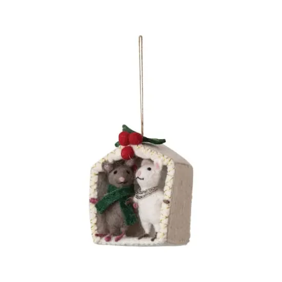 Hello Honey&reg; 6" Handmade Wool Felt Mice Under the Mistletoe Ornament with Embroidery & Beads {1}