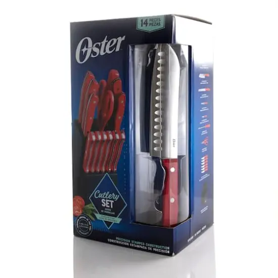 Oster Steffen 14-Piece Red Stainless Steel Cutlery Set with Hardwood Storage Block {12}