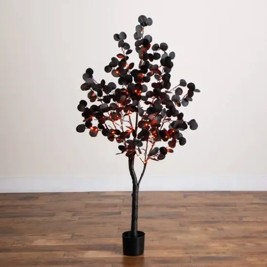 5ft. Pre-Lit Artificial Halloween Black Eucalyptus Tree with 220 Orange & Purple LED Lights {9}