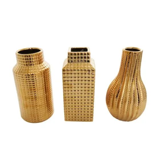 8" Gold Ceramic Geometric Dimensional Textured Vase Set with Grid Patterns {4}