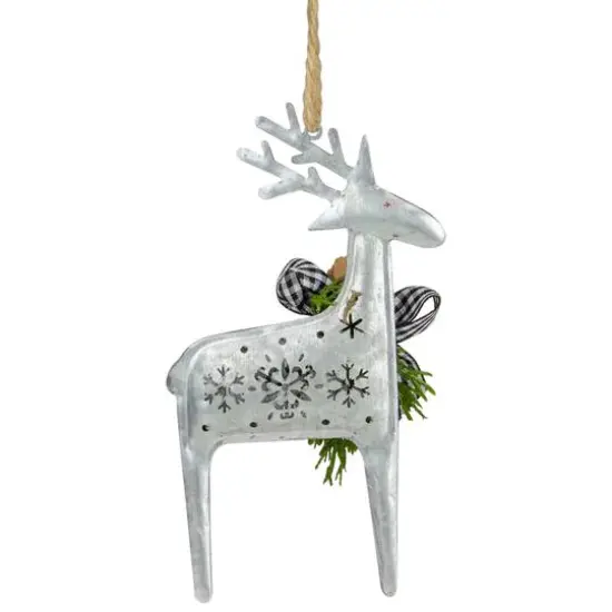 6.25" Silver Metal Reindeer Christmas Ornament with Black Gingham Bowtie & Pine {6}