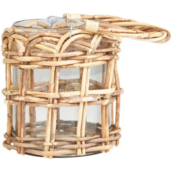 8" Clear Glass Handmade Candle Lantern with Brown Rattan Woven Exterior & Twisted Handle {3}