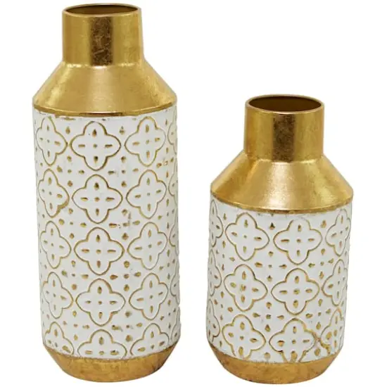 Gold Metal Handmade Embossed Quatrefoil Vase with Gold Detailing Set of 2 16", 12" {1}