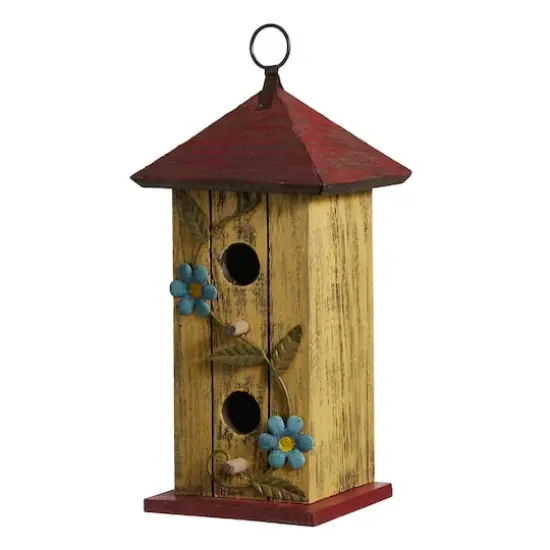 Glitzhome&reg; 11.75" Yellow Washed 3D Metal Flowers Distressed Wood Cottage Birdhouse  {1}