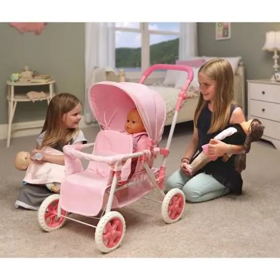 Badger Basket Pink Gingham Folding Double Front-to-Back Doll Stroller {3}