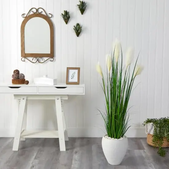 4.5ft. Wheat Plume Grass Plant in White Planter {3}