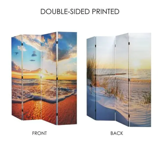 American Art Decor&trade; 6ft. Double-Sided 4-Panel Baltic Sea Beach Sunrise Portable Canvas Privacy Screen {6}