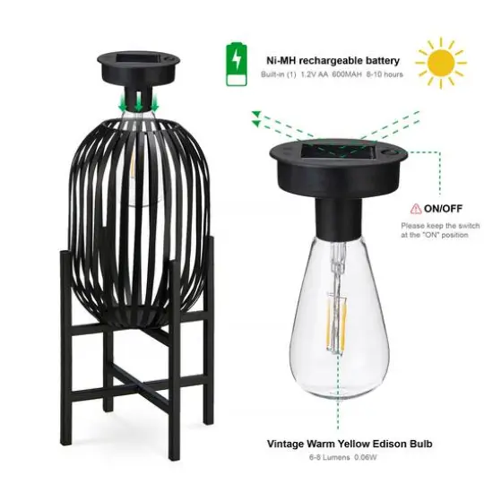 Glitzhome&reg; 14.25" Black Slim Metal Stripes Solar Powered Edison Bulb Outdoor Lantern, 2ct. {8}