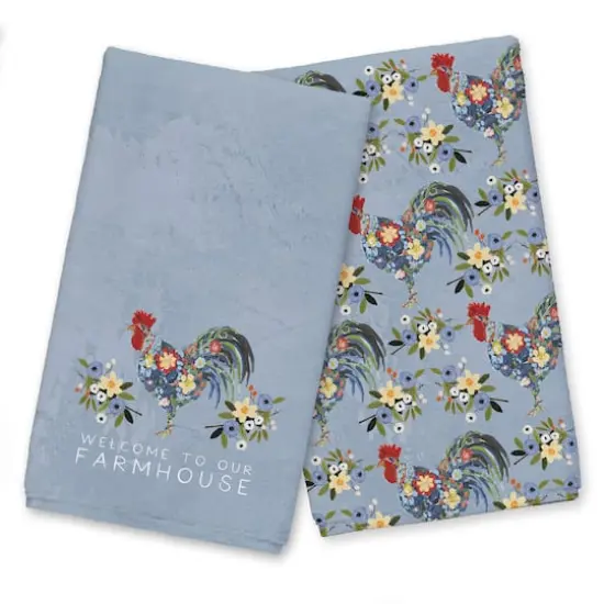 Floral Rooster Collage Blue 16" x 25" Towel Set {1}