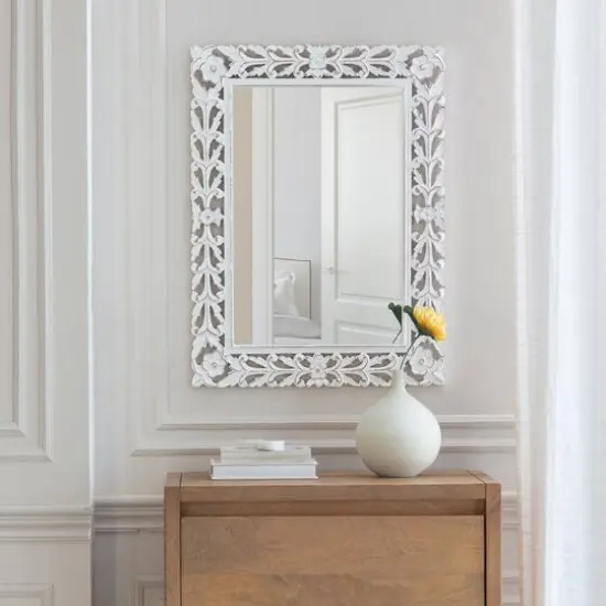Habitat Calie 24" Distressed White Mirror with Carved Floral Frame {6}