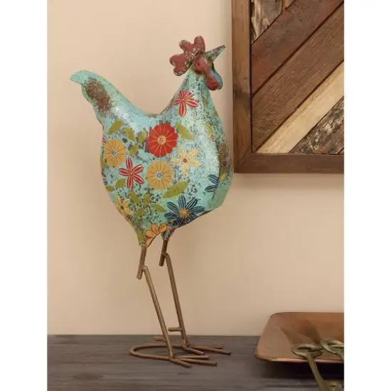 17" Iron Eclectic Rooster Garden Sculpture Blue {8}