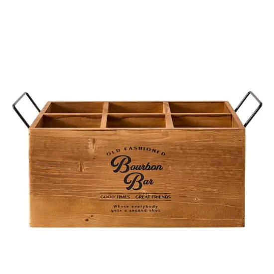 American Art Decor The Bourbon Bar Wood Crate Bottle Holder with Metal Handles - 7" x 14" x 8" {7}