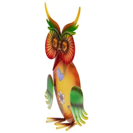 11" Orange and Green Metal Owl Outdoor Decoration {5}