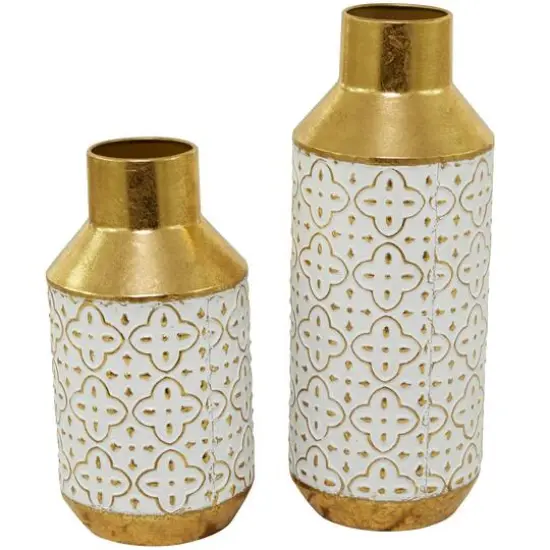 Gold Metal Handmade Embossed Quatrefoil Vase with Gold Detailing Set of 2 16", 12" {5}