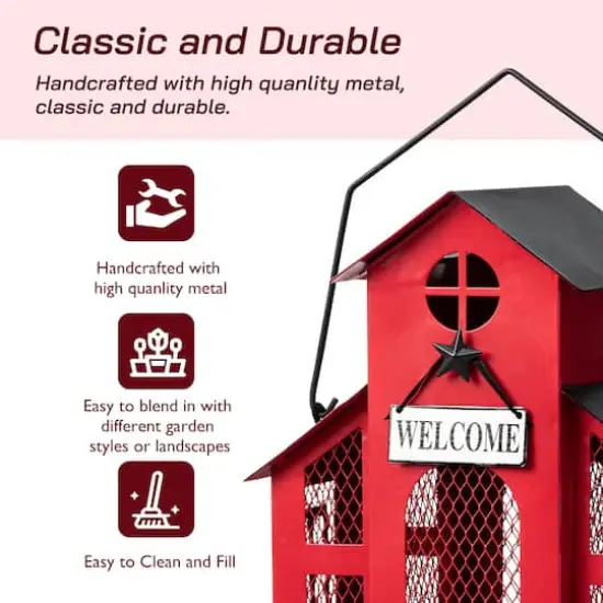 Glitzhome&reg; 12" Red Metal Barn Hanging Bird Feeder {6}