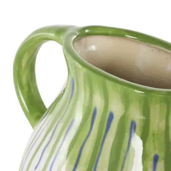 11" White, Green & Blue Drip Design Ceramic Vase with Handle {5}