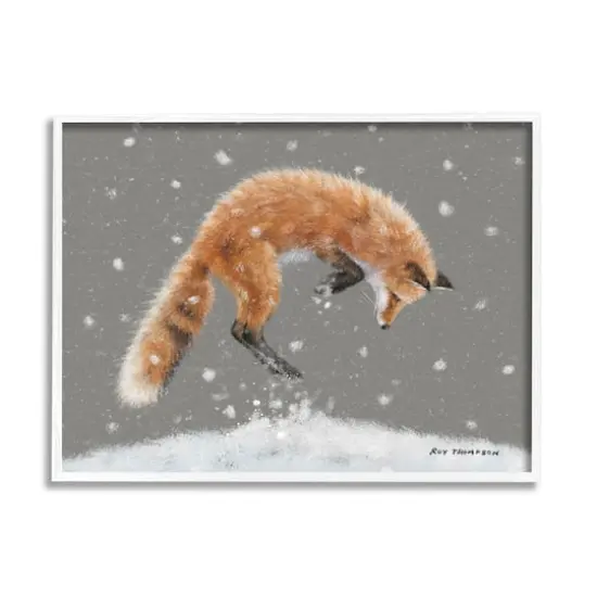 Stupell Industries Jumping Fox Winter Snowfall Framed Giclee Art White {1}