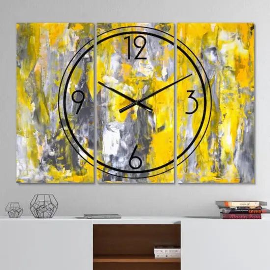 Designart Gray & Yellow Abstract Pattern Modern 3 Panel Wall Clock {3}