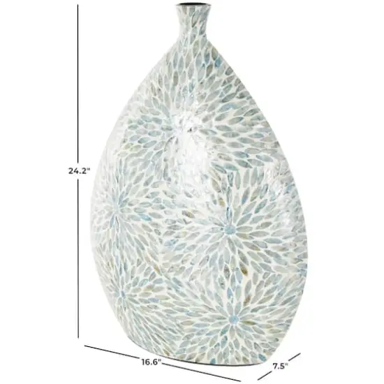 24.25" Blue & Cream Floral Mosaic Mother of Pearl Vase {5}