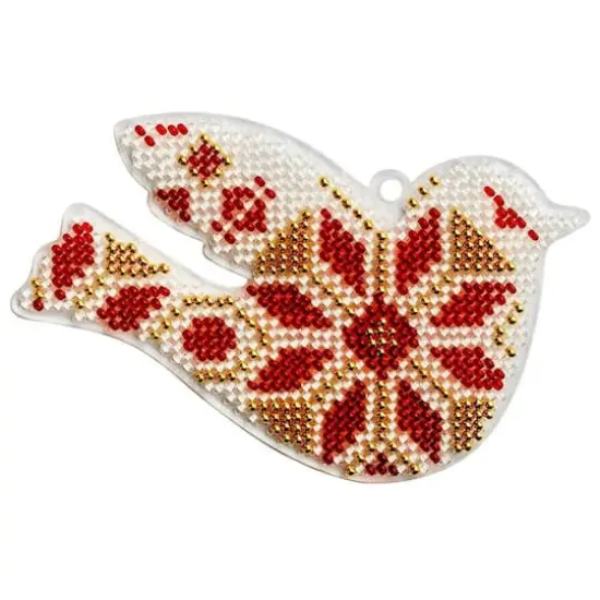 Wonderland Crafts Red & Gold Fair Isle Bird Ornament Bead Embroidery on Plastic Kit {1}