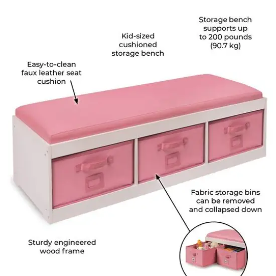 Badger Basket Kid's Cushioned Storage Bench With Three Bins Assorted {7}