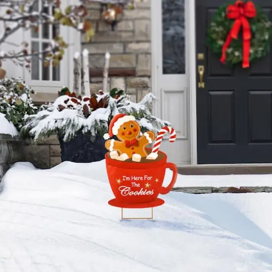 Glitzhome&reg; 30.25" Metal Gingerbread Man in Coffee Mug Yard Stake {3}