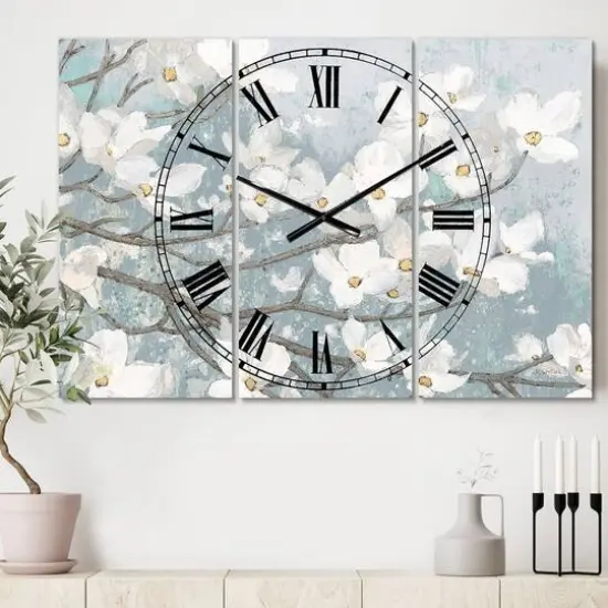 Designart Blue On Grey Blossoms Traditional 3 Panel Wall Clock {3}