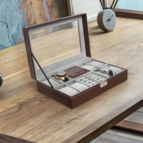 NEX&trade; 12" 8-Slot Brown Lockable Artificial Leather Watch Case Organizer {7}